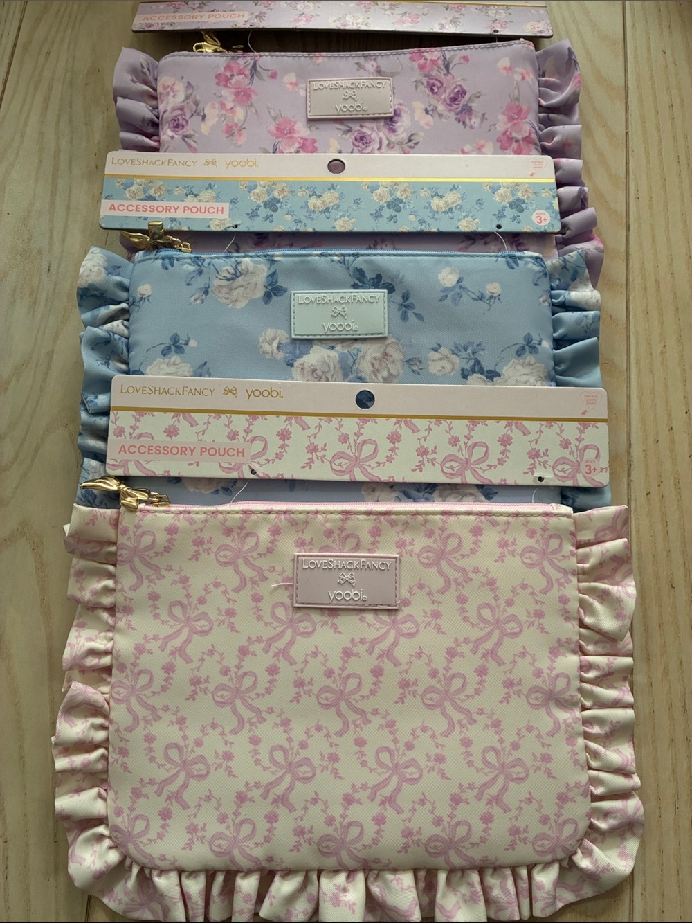 LoveShackFancy Kids Floral Ruffle Accessory Pouch Set in Pink, Blue, Lavender